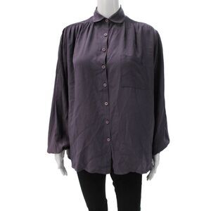 Cygne Women Basic Purple Collared Long Sleeve Polyester Blend Blouse Size S